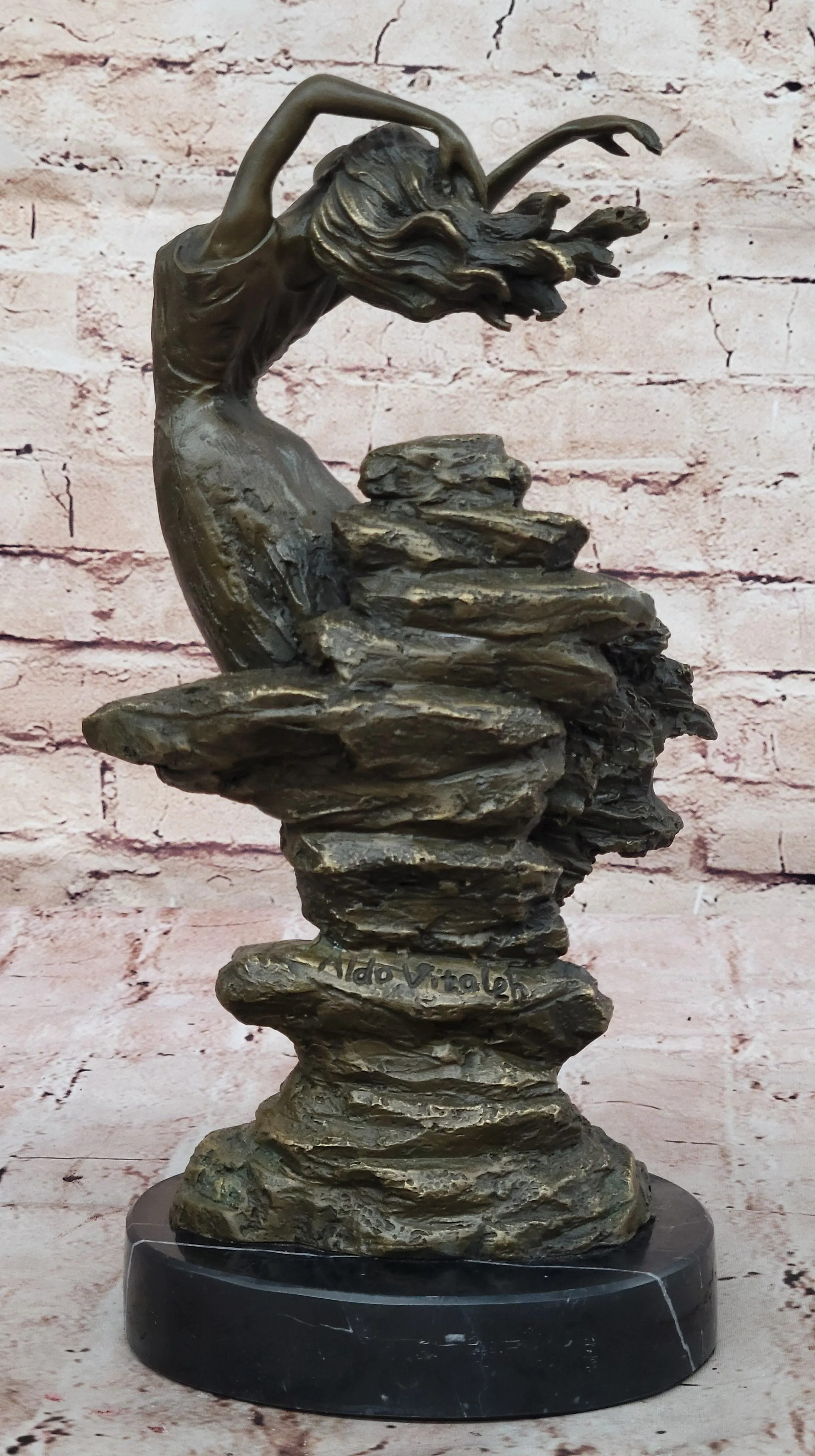 Abstract Art Nouveau Bronze Sculpture of a Woman Dancing Among the Rocks by Vitaleh