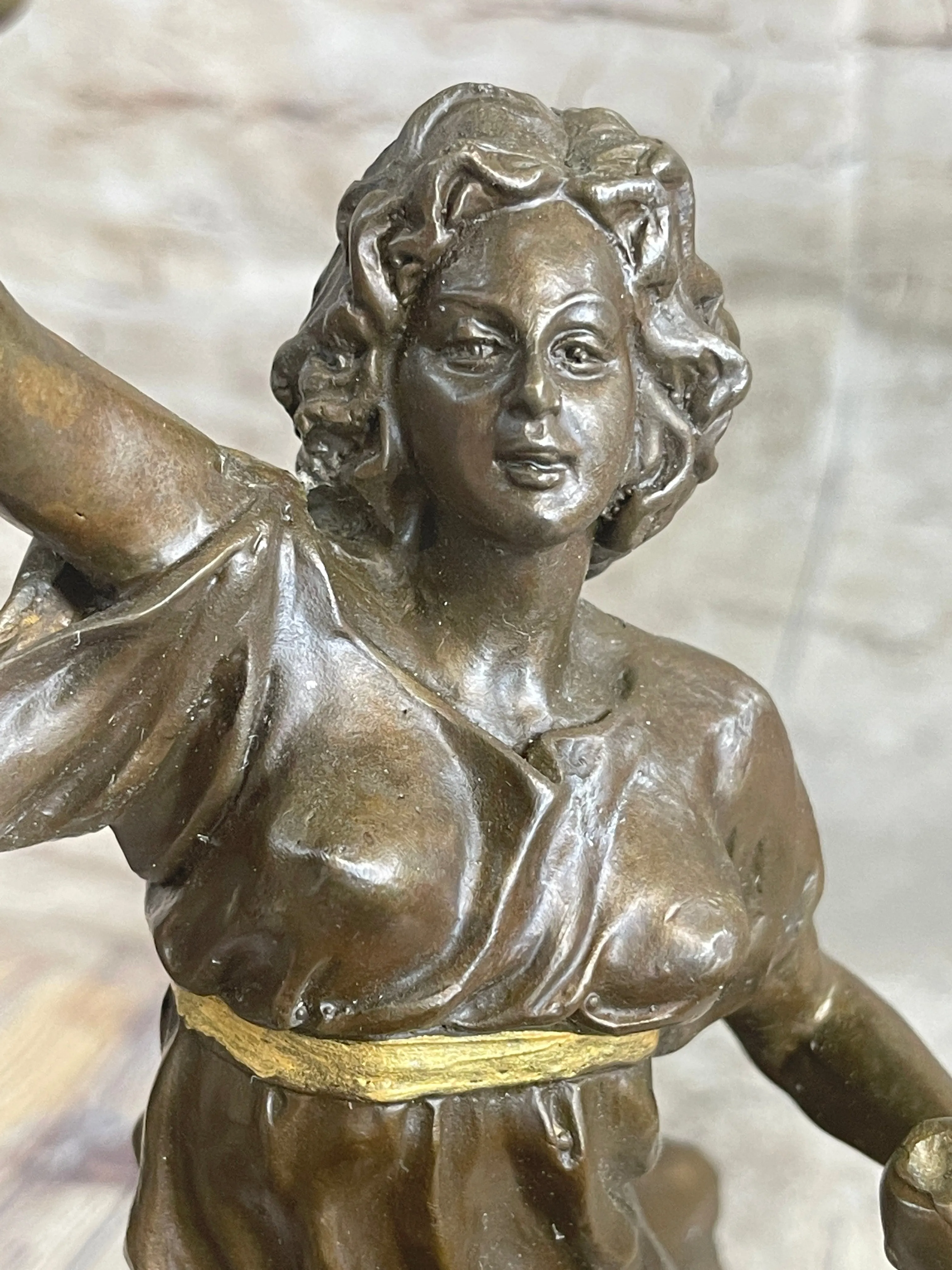 Bronze Metal Statue on Marble Base Woman Girl Holding Wine Jug & Cup Sculpture