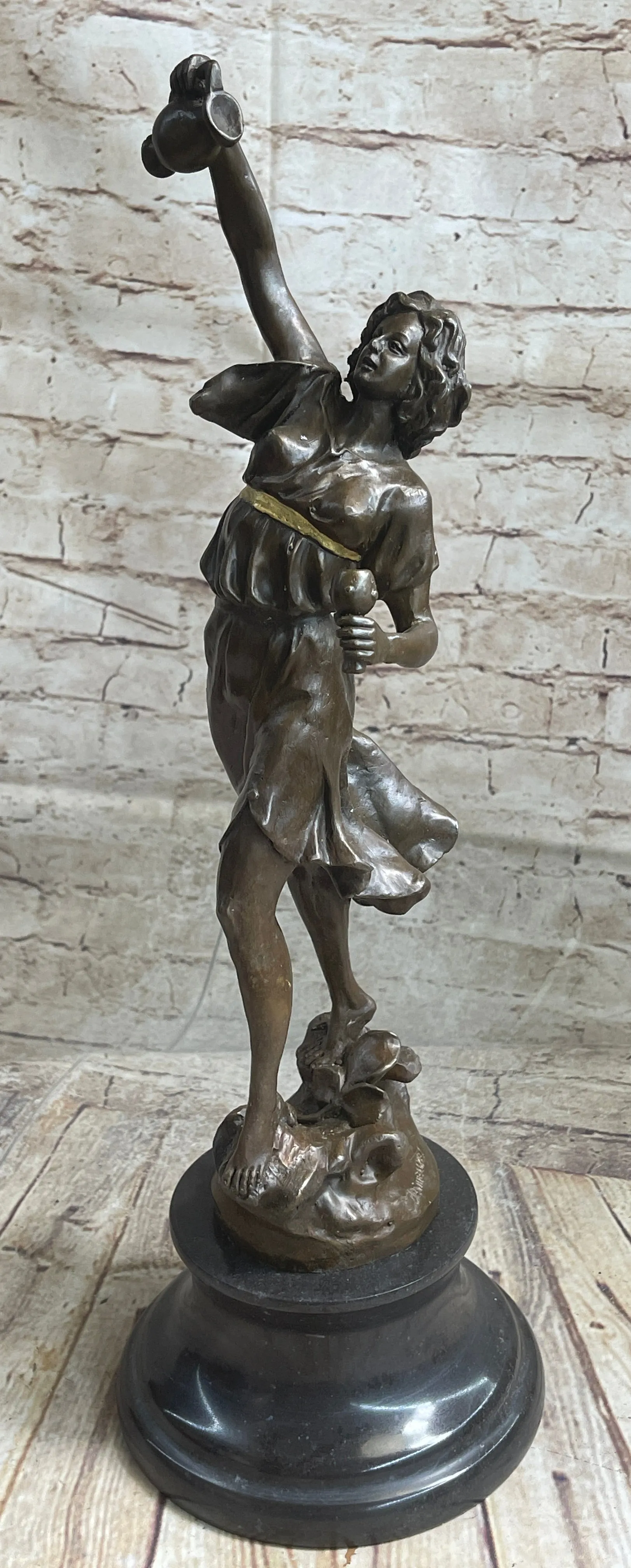 Bronze Metal Statue on Marble Base Woman Girl Holding Wine Jug & Cup Sculpture