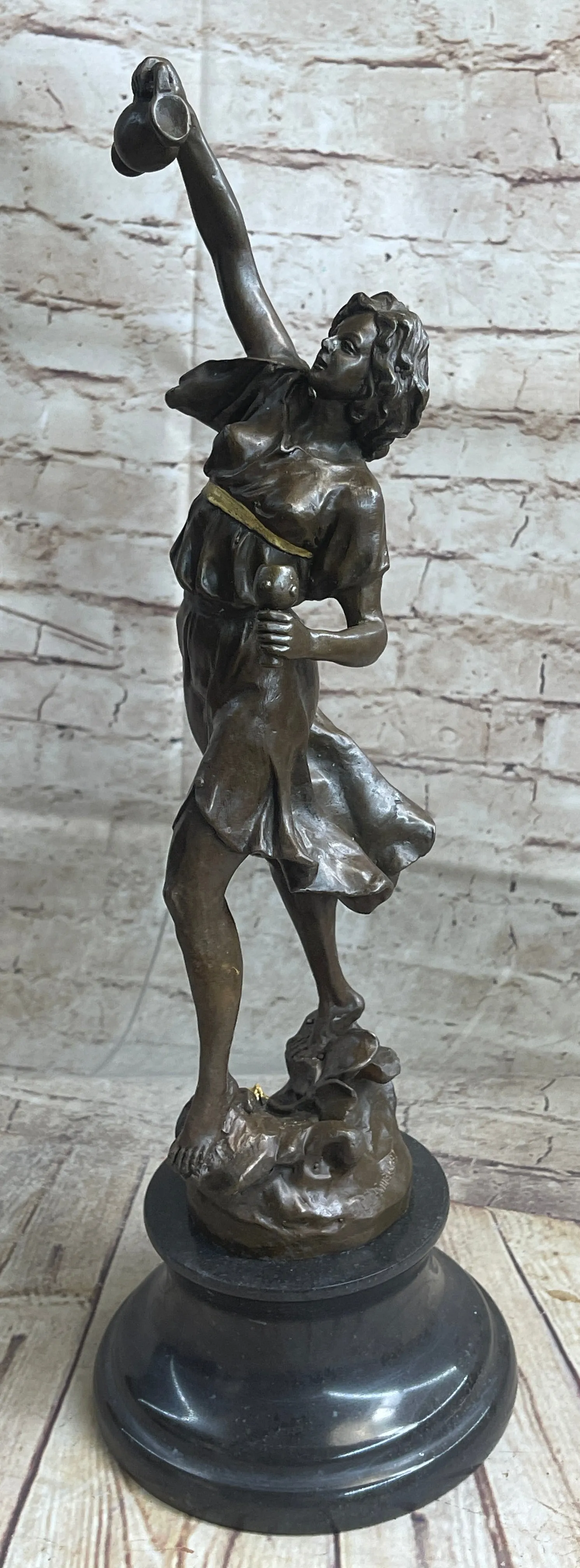 Bronze Metal Statue on Marble Base Woman Girl Holding Wine Jug & Cup Sculpture