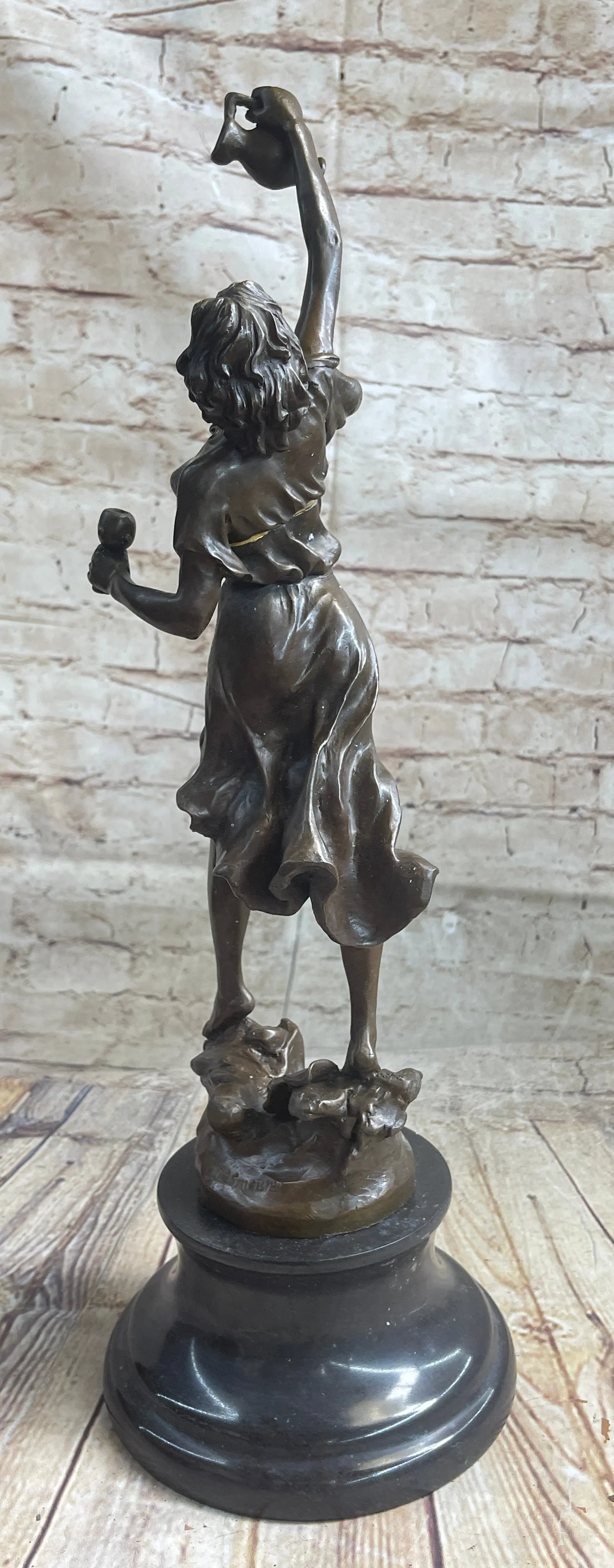 Bronze Metal Statue on Marble Base Woman Girl Holding Wine Jug & Cup Sculpture