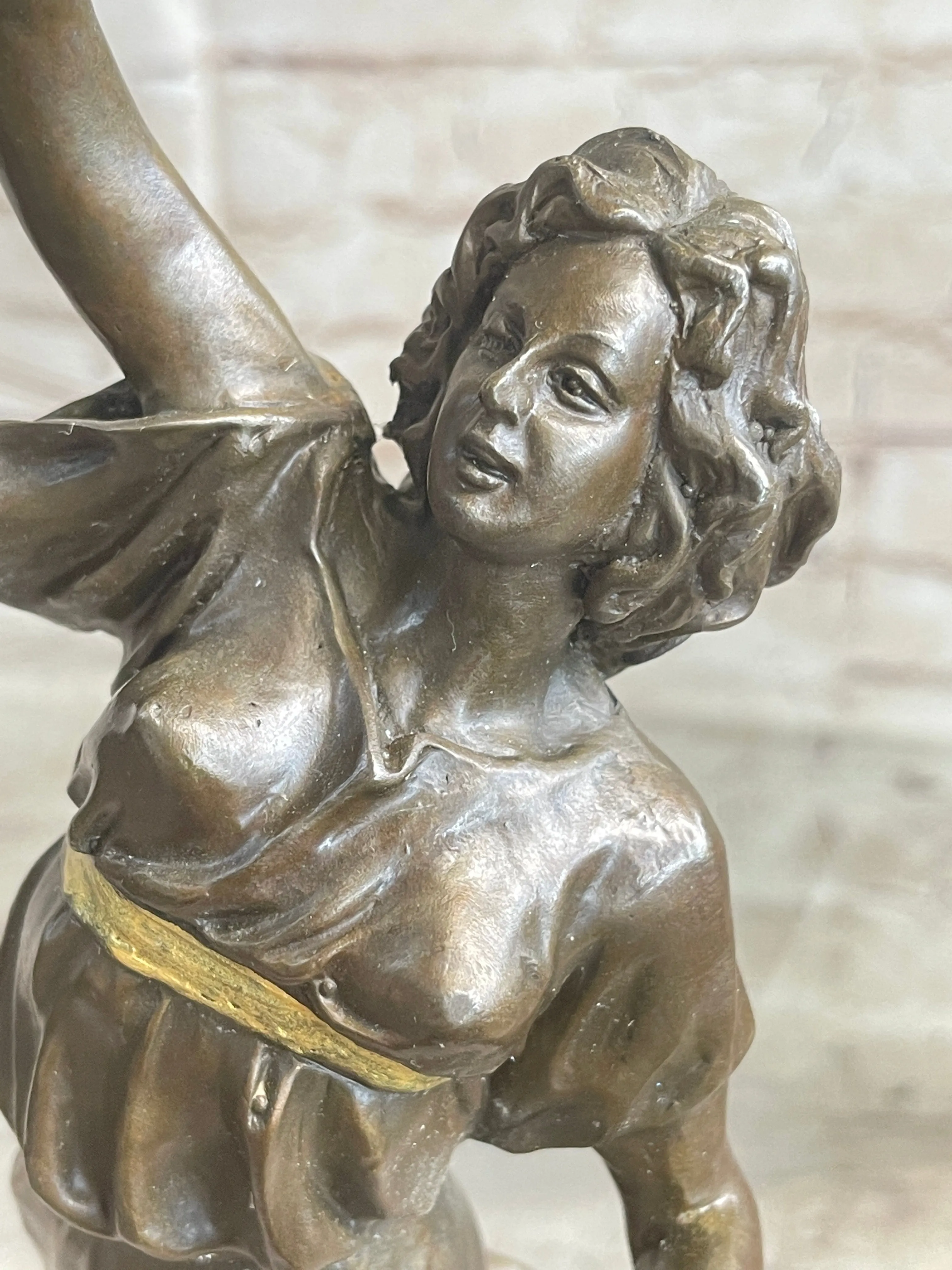 Bronze Metal Statue on Marble Base Woman Girl Holding Wine Jug & Cup Sculpture