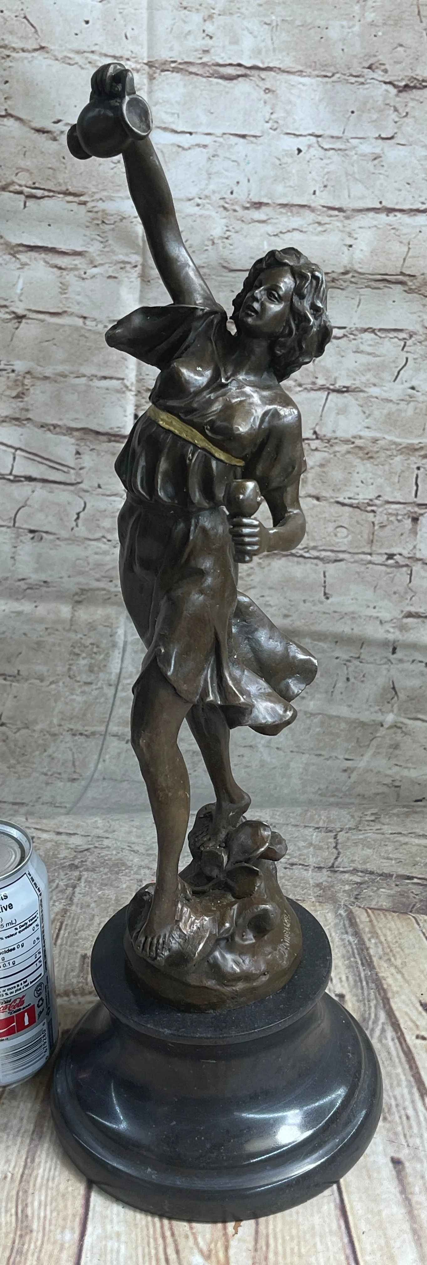 Bronze Metal Statue on Marble Base Woman Girl Holding Wine Jug & Cup Sculpture