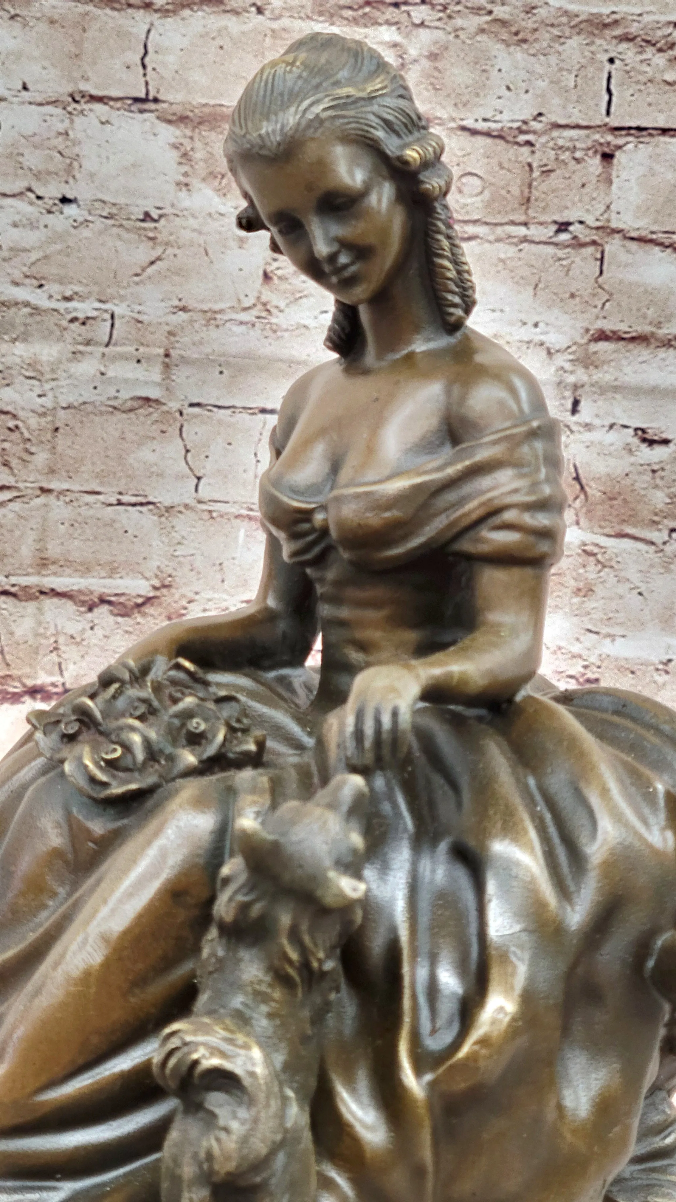 Bronze Sculpture of Victorian Lady with Dog Signed A. Moreau