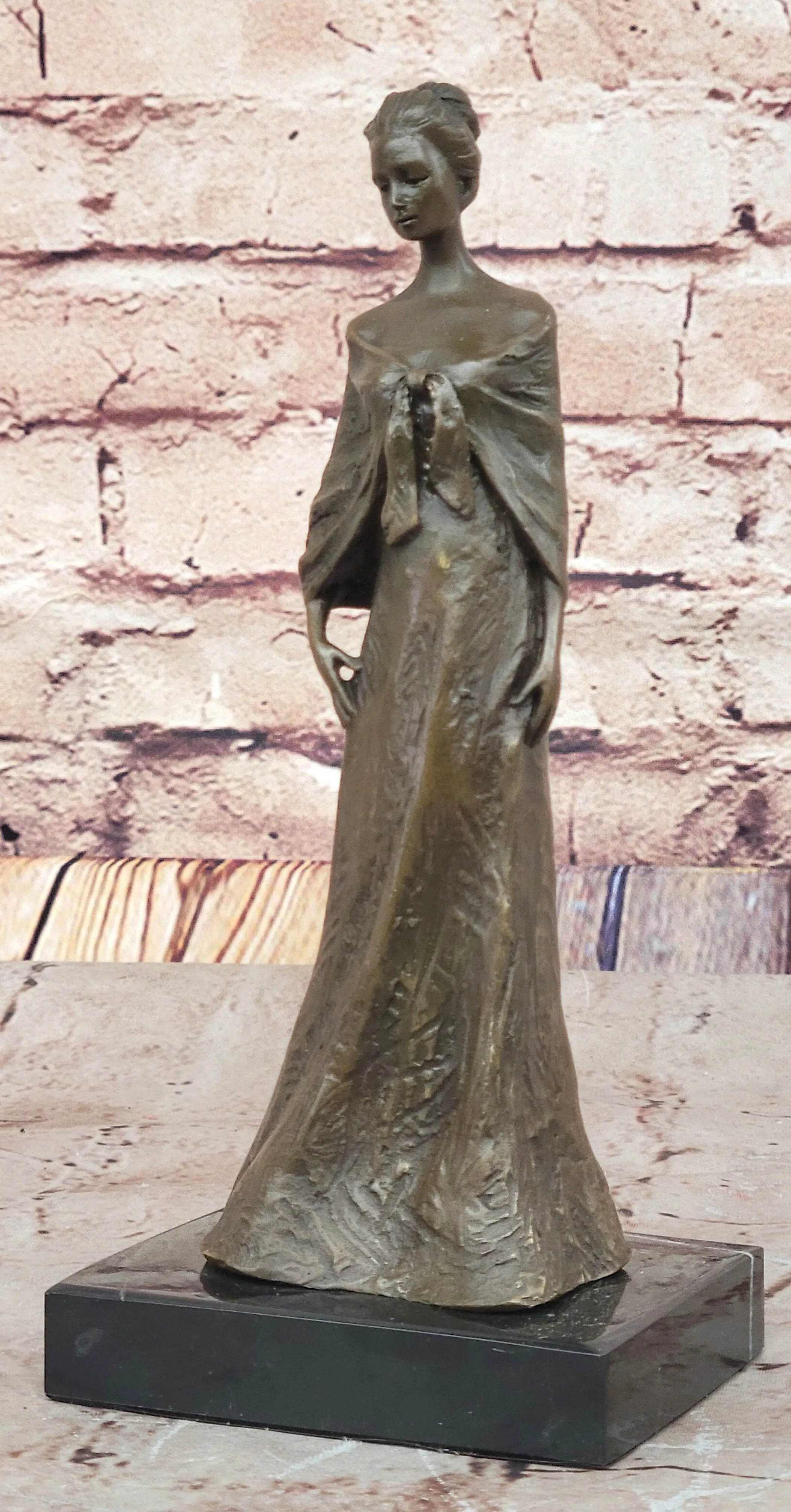 Elegant Bronze Lady Sculpture – Classic Figurine in Flowing Gown on Marble Base