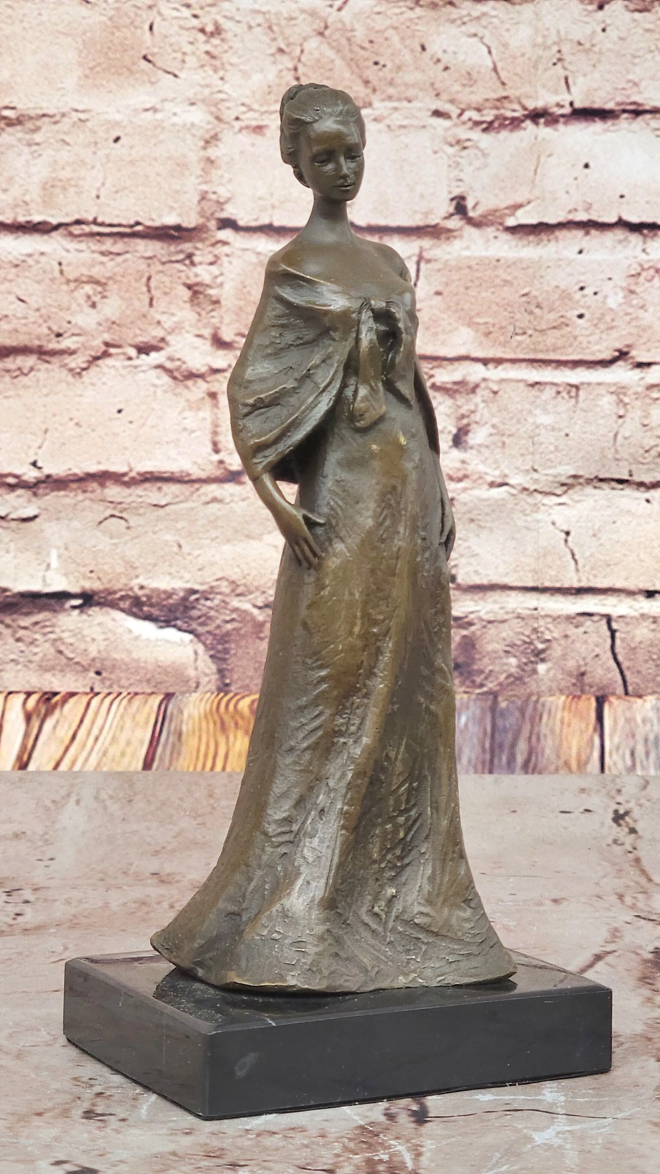 Elegant Bronze Lady Sculpture – Classic Figurine in Flowing Gown on Marble Base