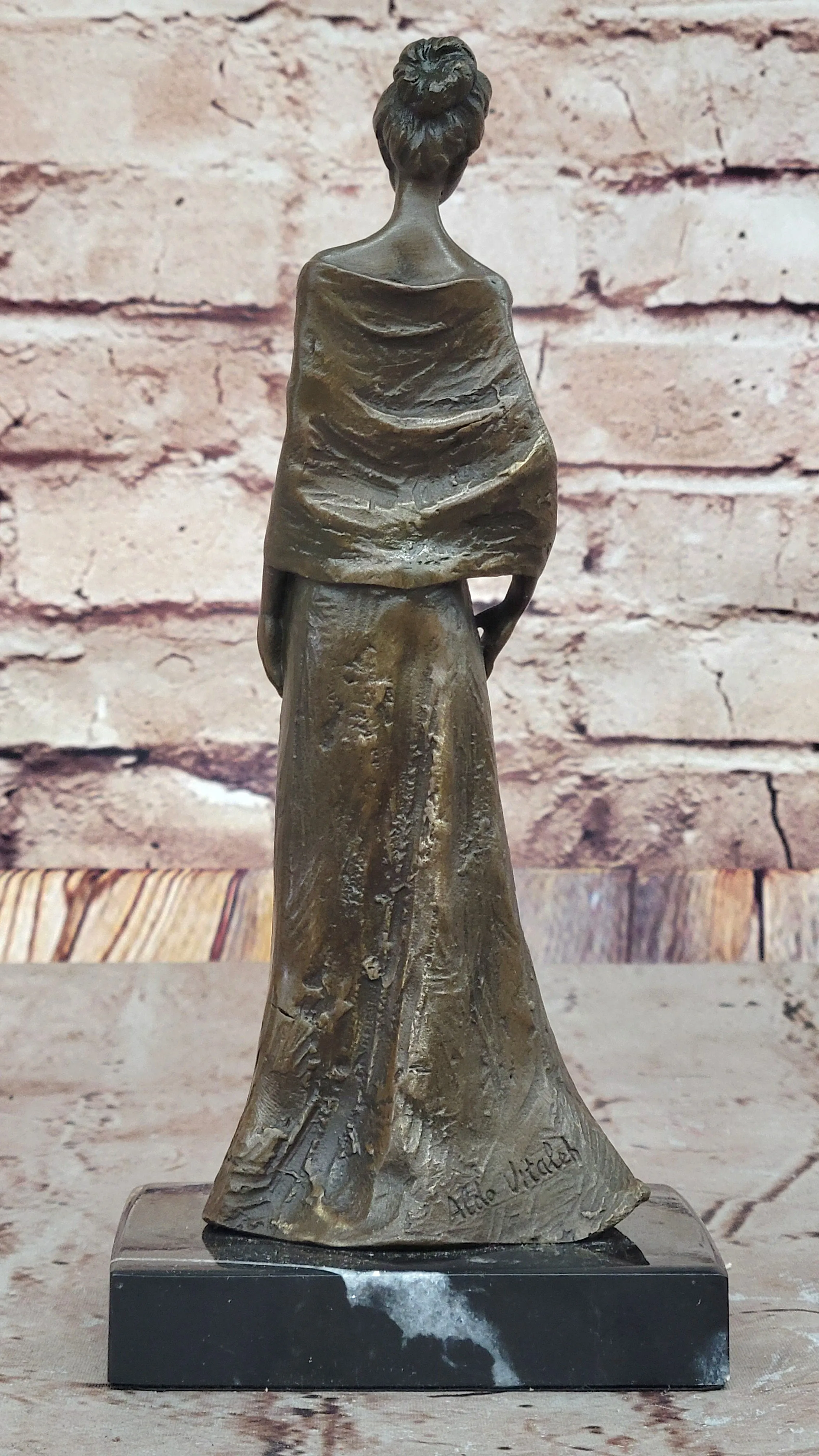 Elegant Bronze Lady Sculpture – Classic Figurine in Flowing Gown on Marble Base