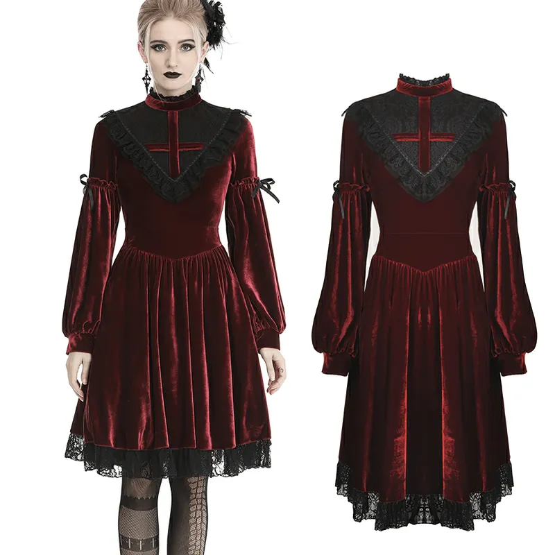 Elegant Velvet Gothic Dress with Lace Detail - Victorian Romance