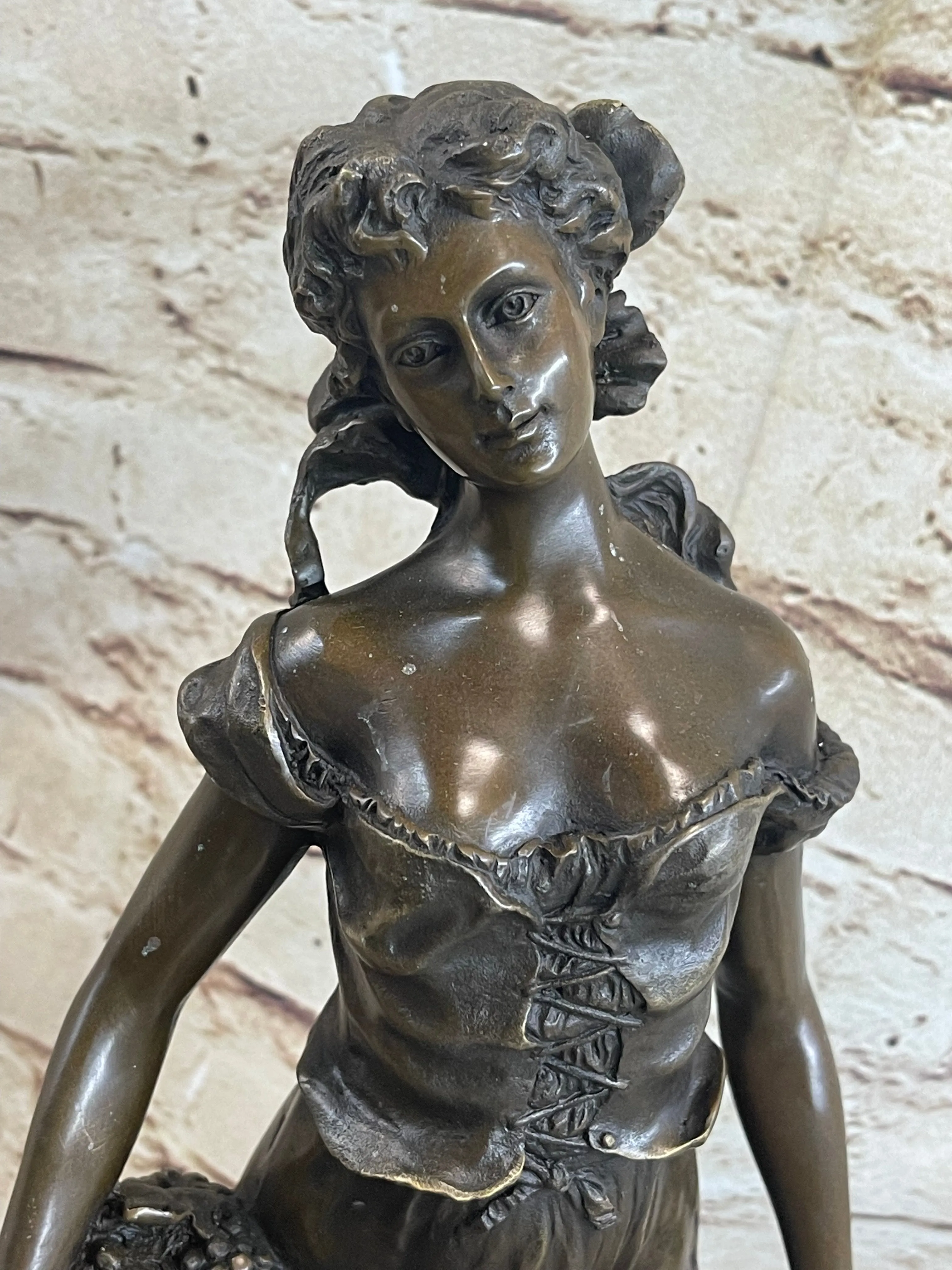 Original Signed Milo Maiden Picking Grape Bronze Sculpture Art Statue Figurine