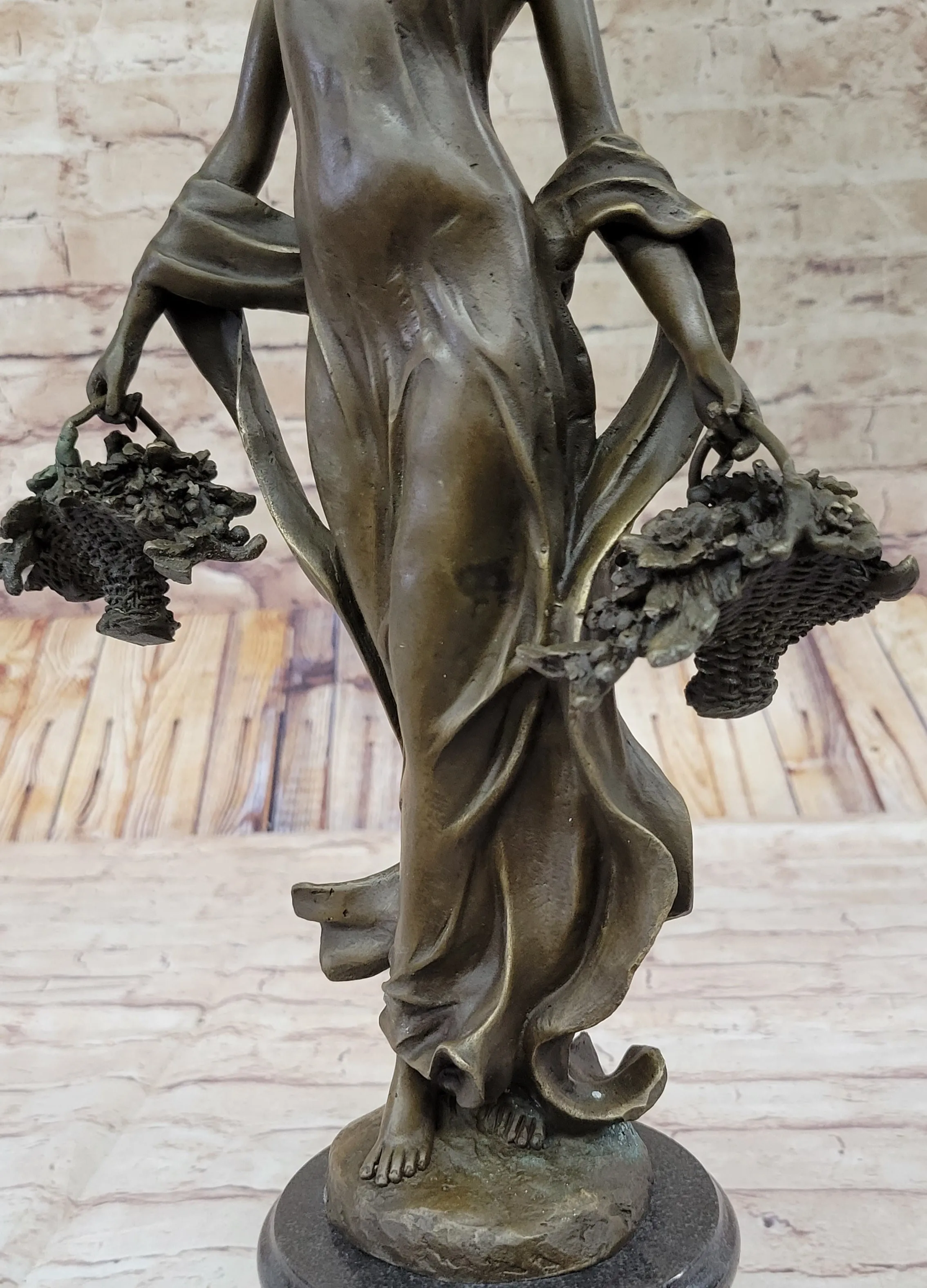 Real Bronze Statue Farmer Girl W/Flower Basket Sculpture Fall Harvest Figurine Art