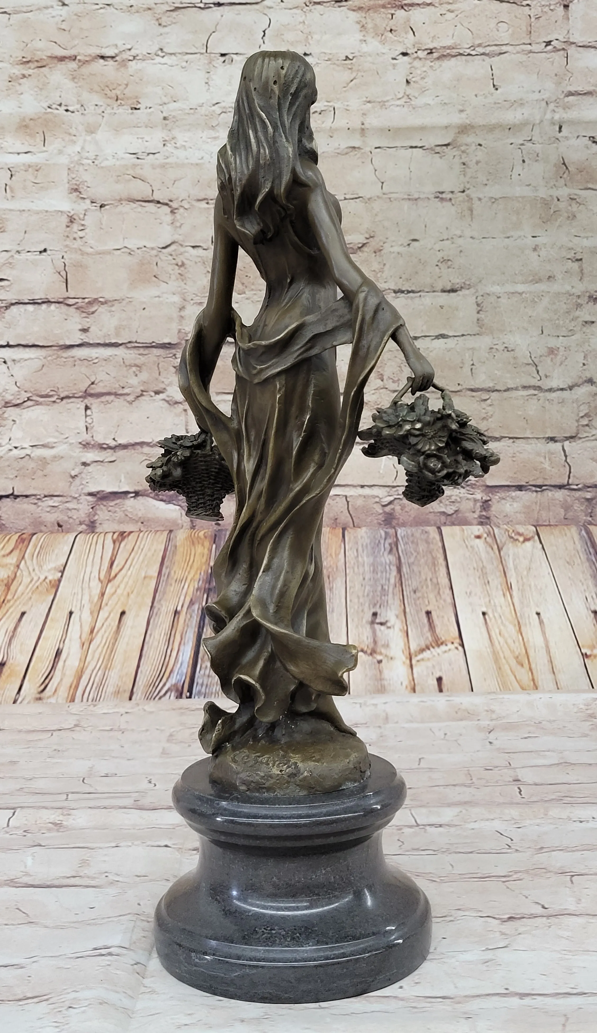 Real Bronze Statue Farmer Girl W/Flower Basket Sculpture Fall Harvest Figurine Art
