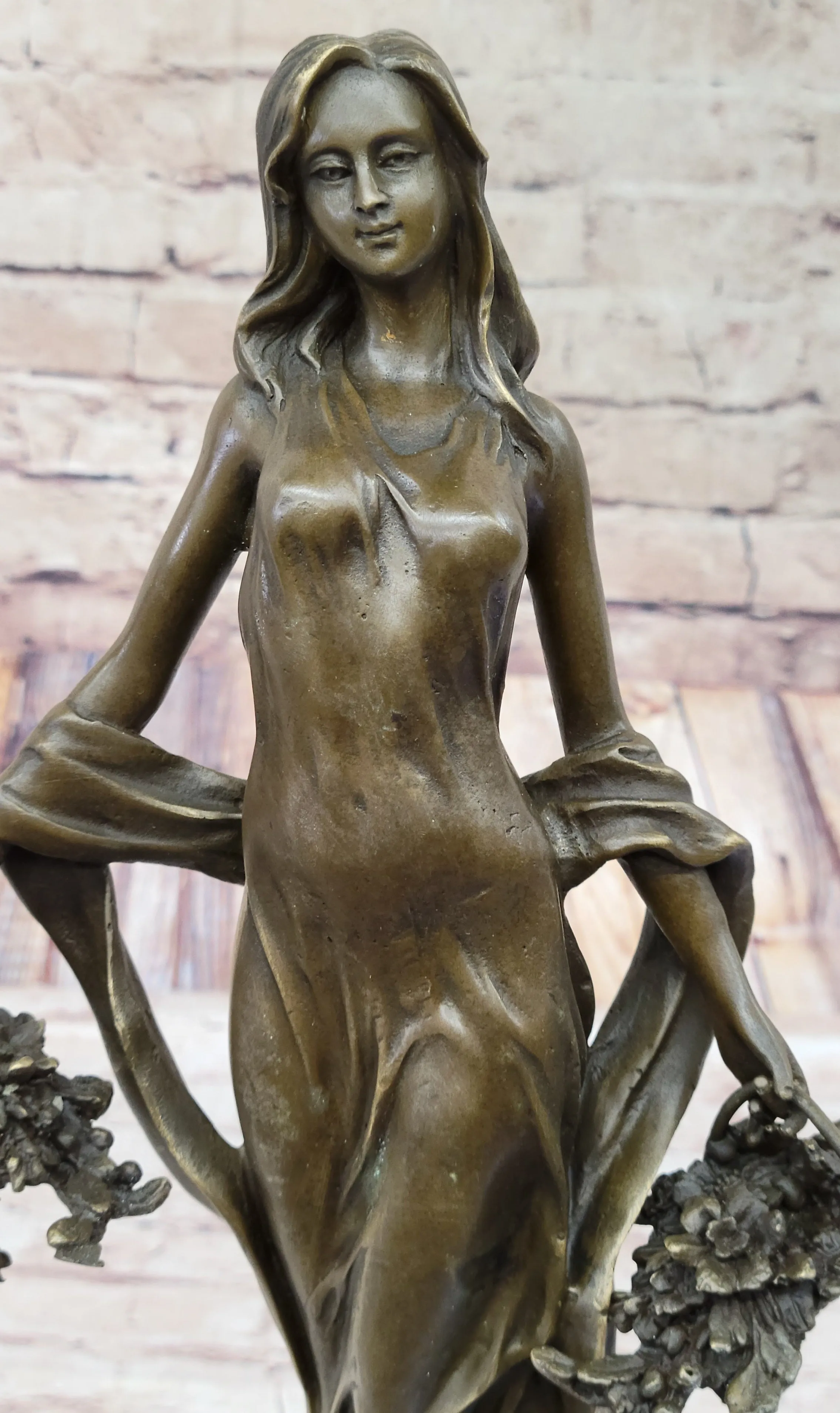 Real Bronze Statue Farmer Girl W/Flower Basket Sculpture Fall Harvest Figurine Art