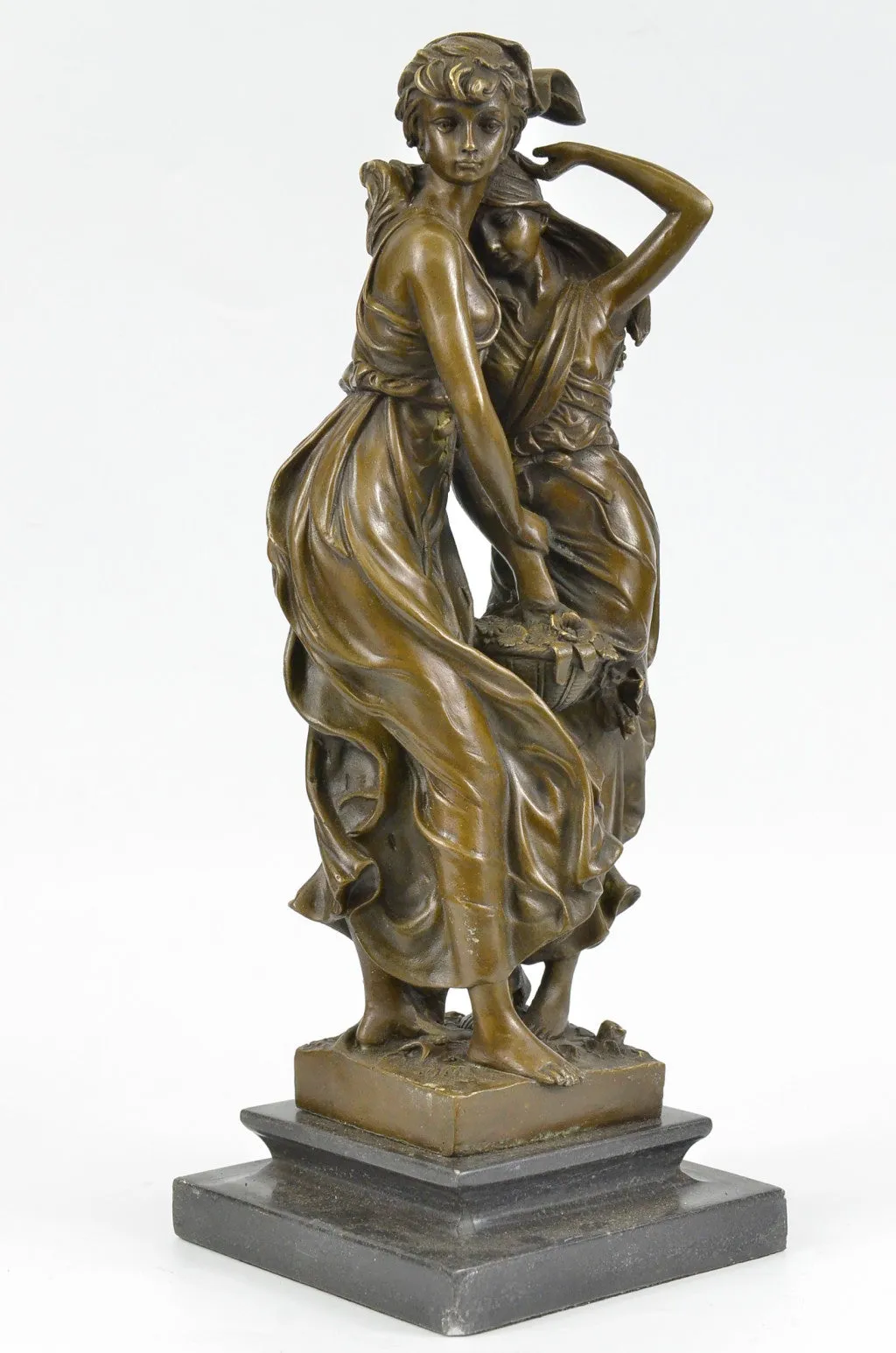 Two Sisters Bronze Metal Statue Sculpture Classic Elegant Decor on Marble Base Moreau
