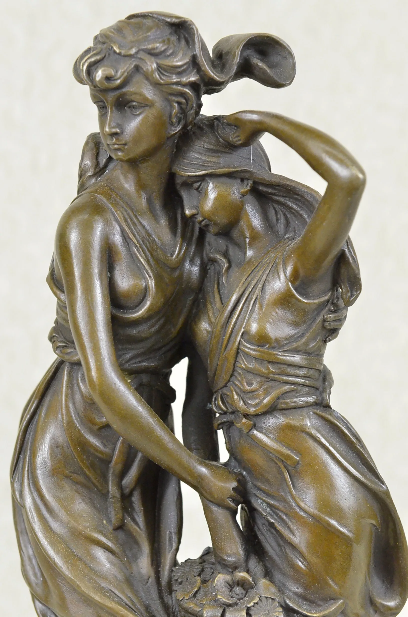 Two Sisters Bronze Metal Statue Sculpture Classic Elegant Decor on Marble Base Moreau