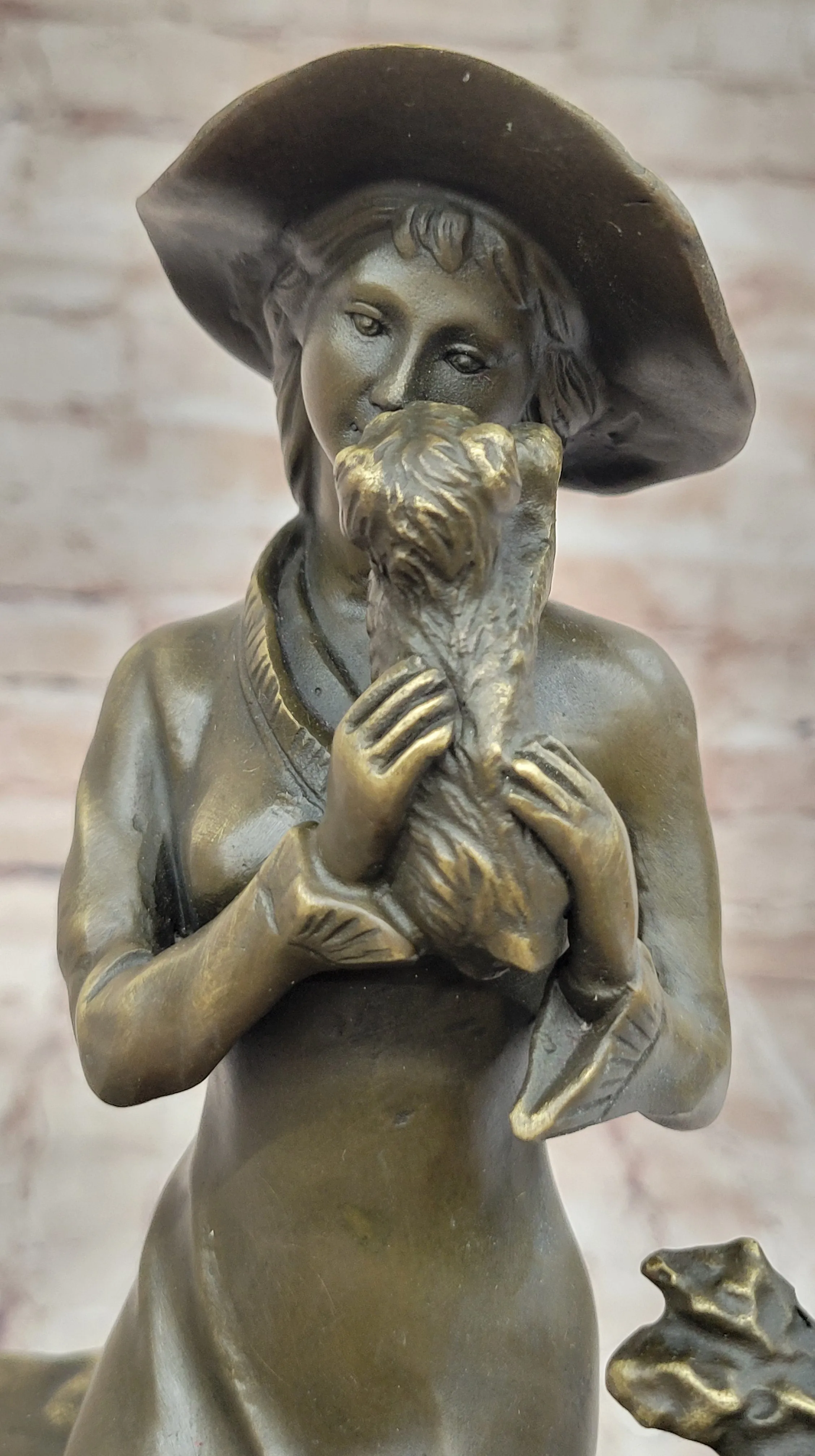 Young Lady Holding a Puppy Dog - Signed Original Bronze Sculpture Figure on Marble Base
