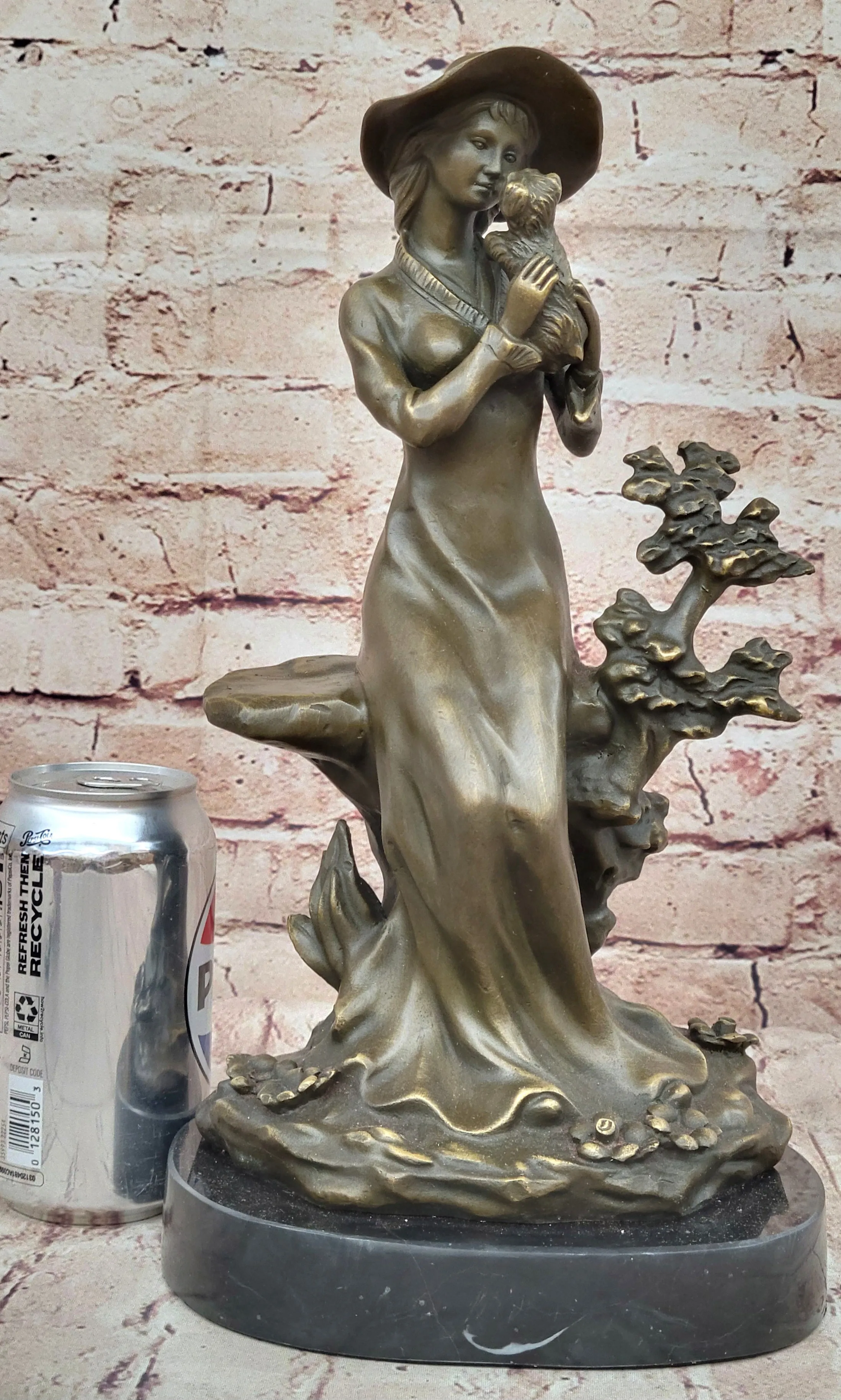 Young Lady Holding a Puppy Dog - Signed Original Bronze Sculpture Figure on Marble Base