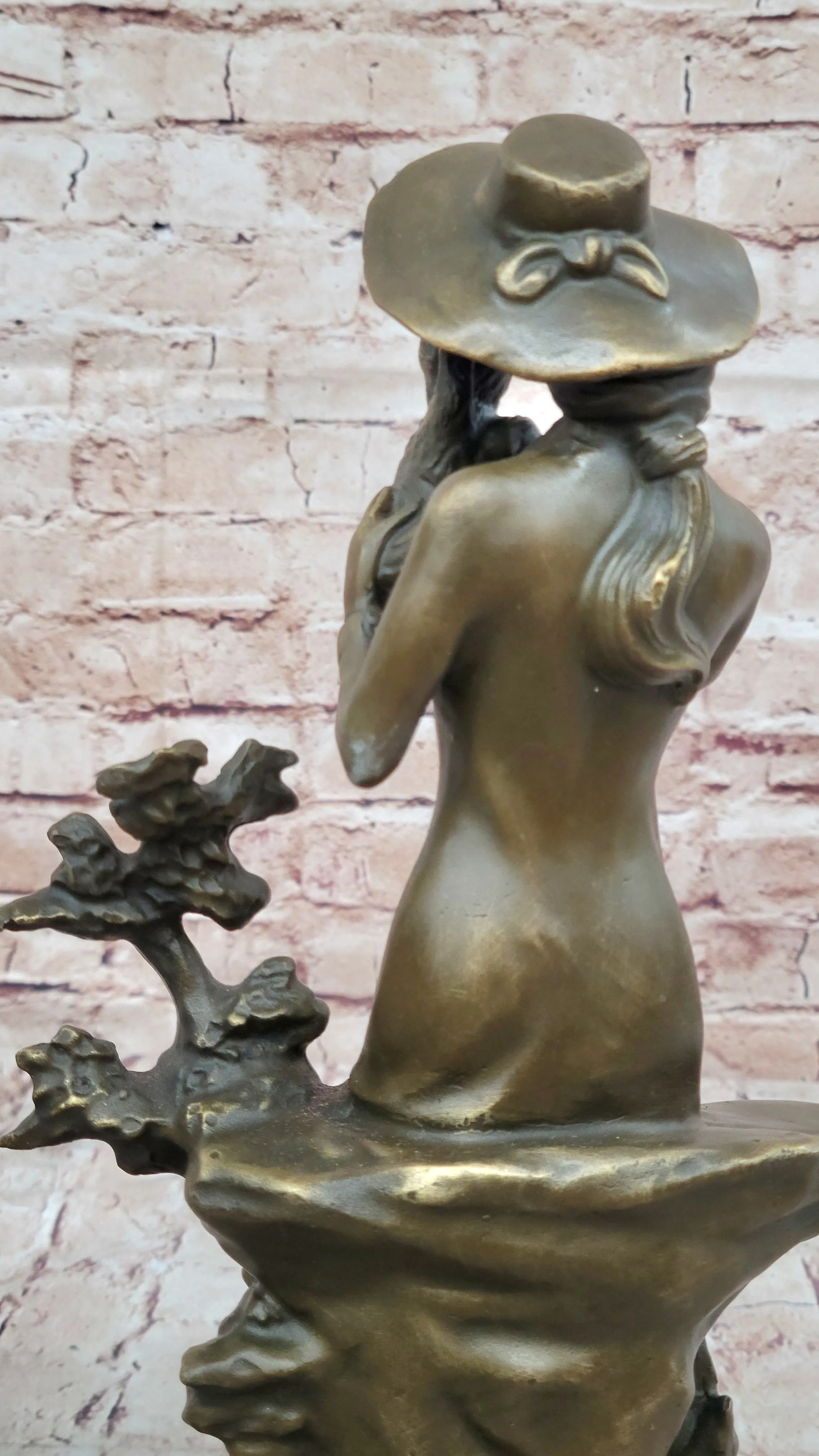 Young Lady Holding a Puppy Dog - Signed Original Bronze Sculpture Figure on Marble Base