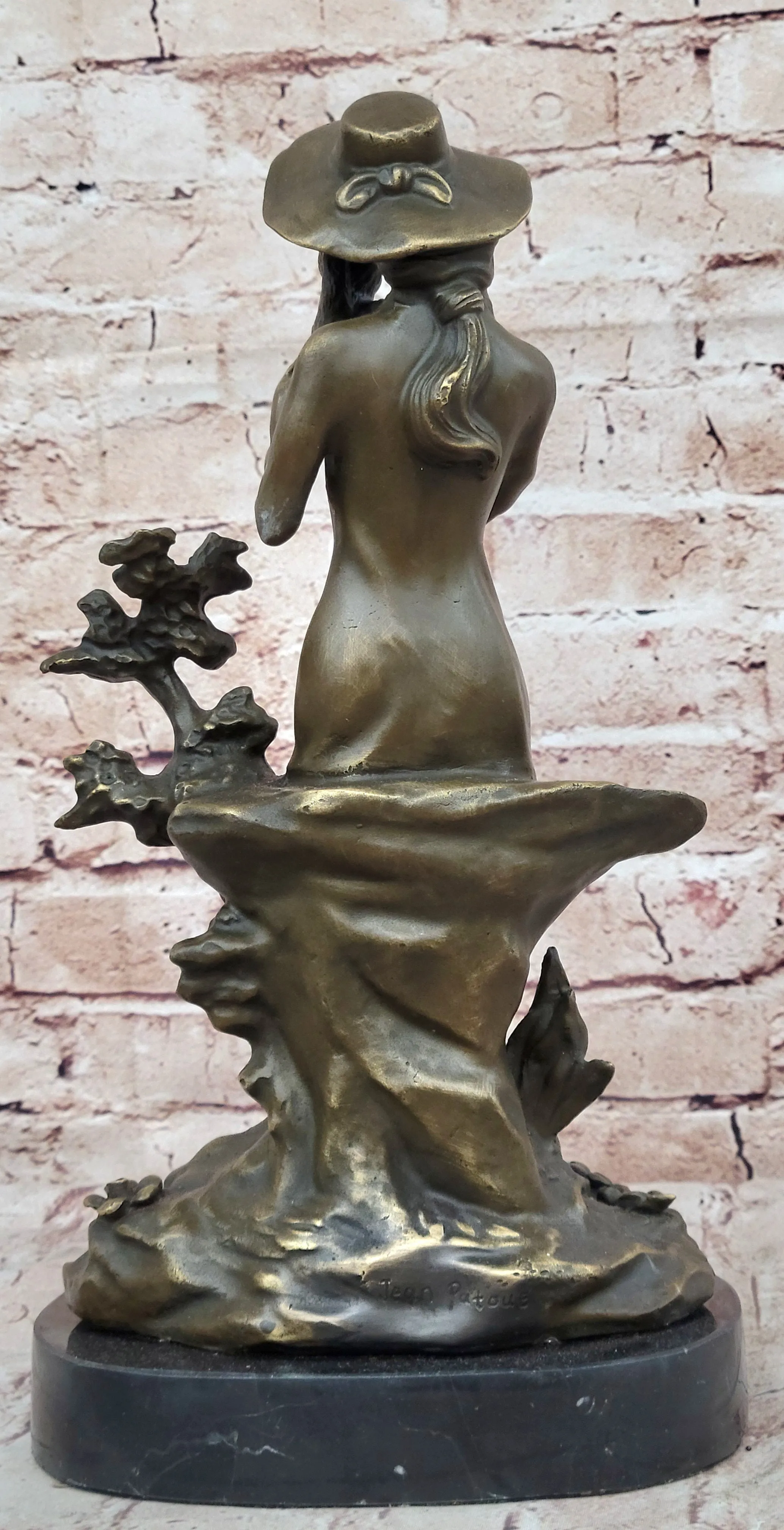 Young Lady Holding a Puppy Dog - Signed Original Bronze Sculpture Figure on Marble Base
