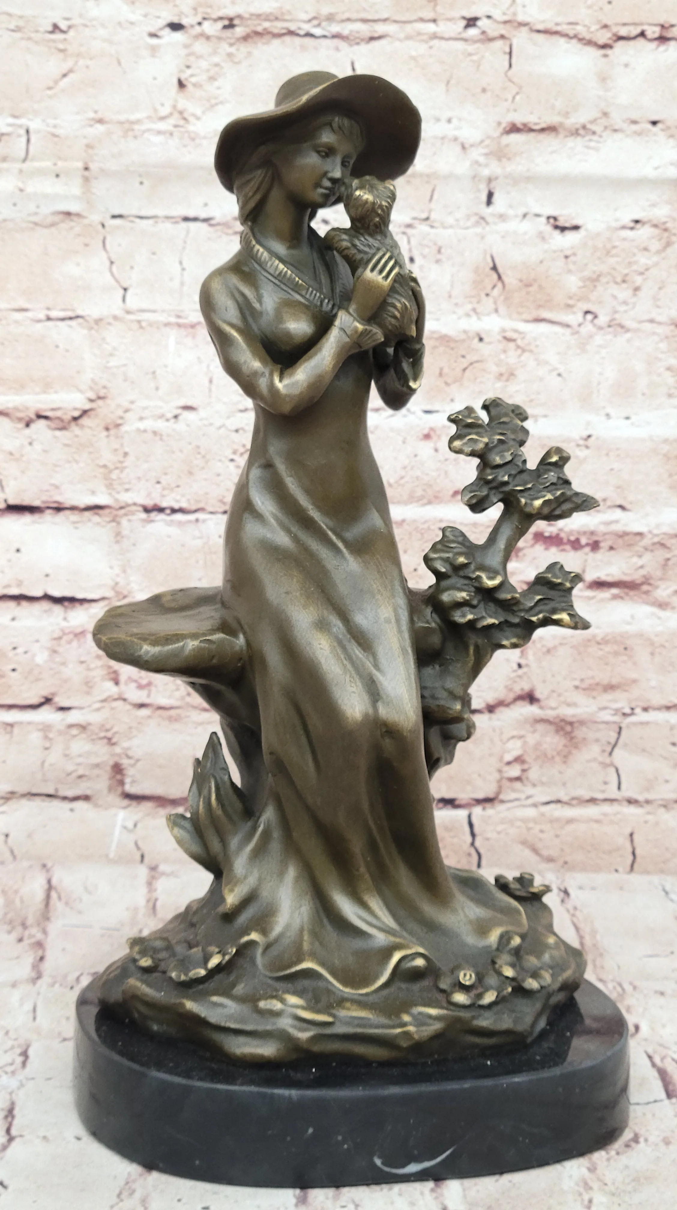 Young Lady Holding a Puppy Dog - Signed Original Bronze Sculpture Figure on Marble Base