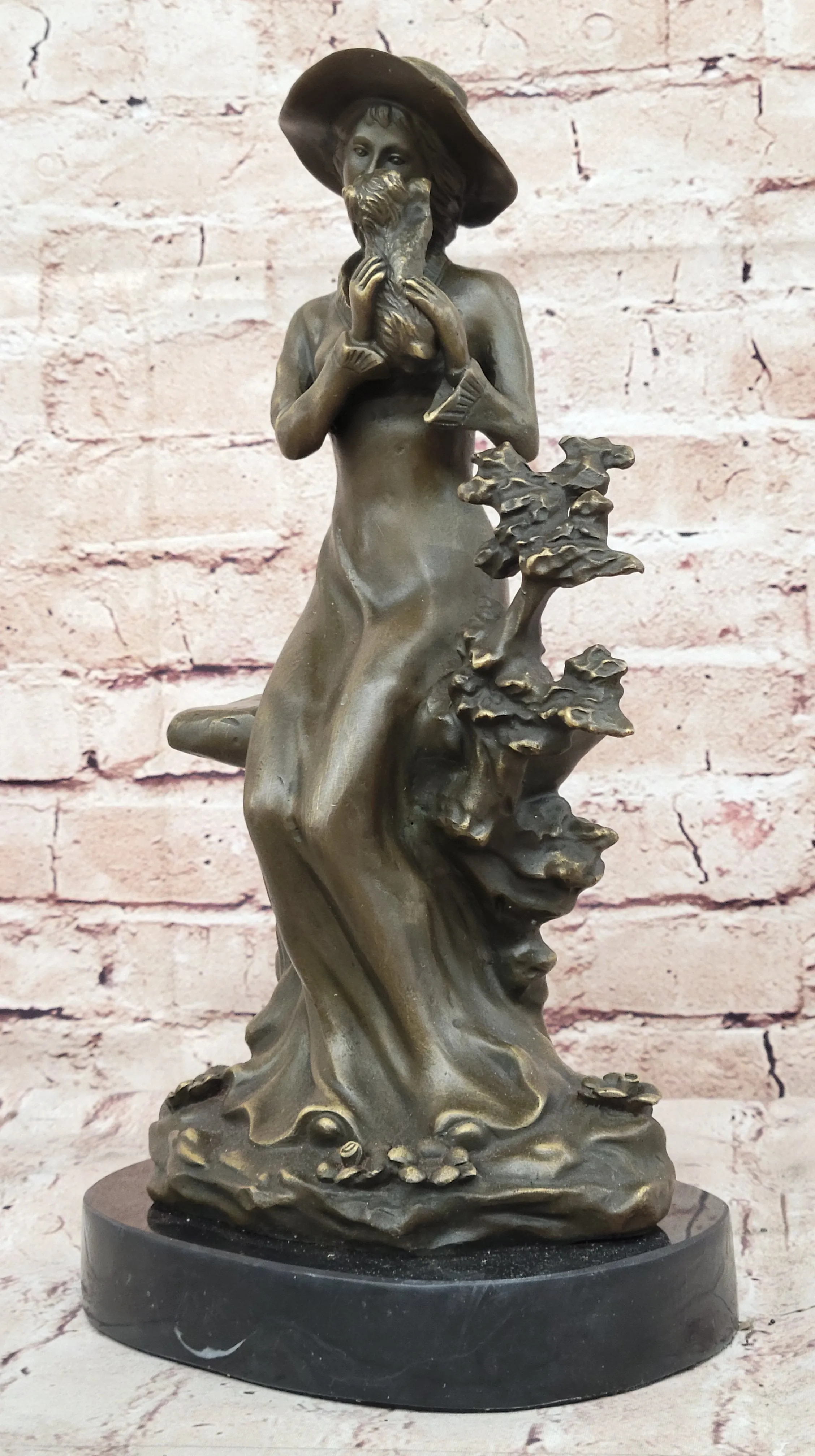 Young Lady Holding a Puppy Dog - Signed Original Bronze Sculpture Figure on Marble Base
